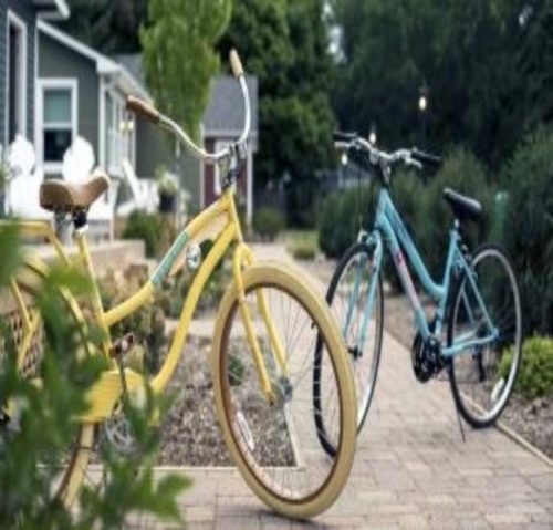 Yellow and Turquoise Bicycles outside The Hotel Saugatuck in Michigan